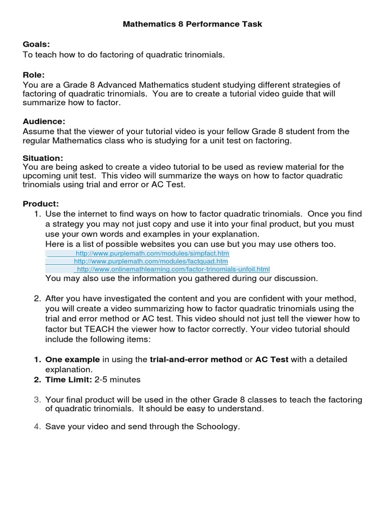Factoring Quadratic Trinomials Guide | PDF | Information | Cognitive ...