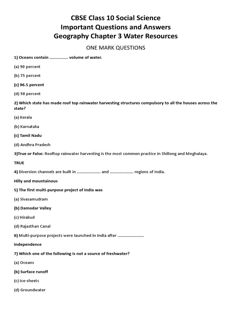 Cbse Class 10 Social Science Important Questions and Answers Geography ...