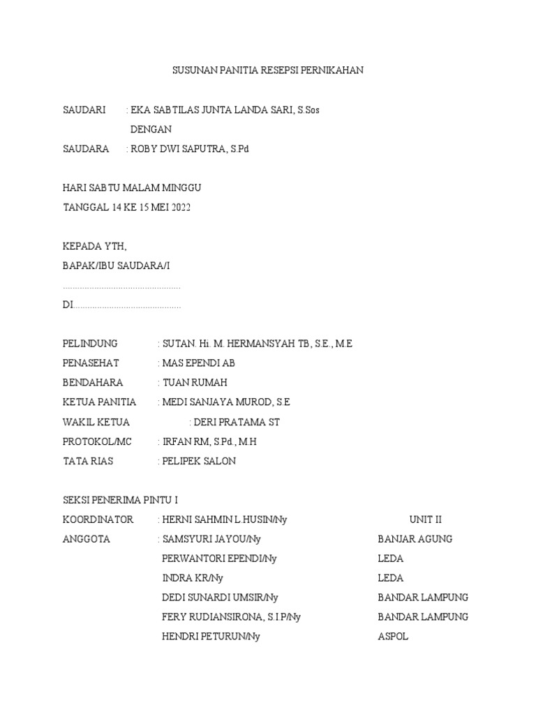 Susunan Panitia Resepsi Pernikahan | PDF