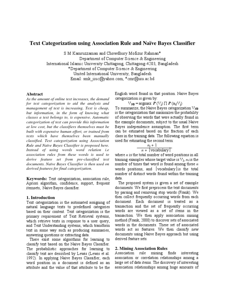 Text Categorization Using Association Rule and Naïve Bayes Classifier | PDF