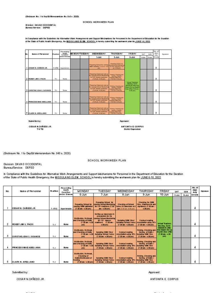 Workweek Plan 2022 June 1 17 2022 Pdf Government