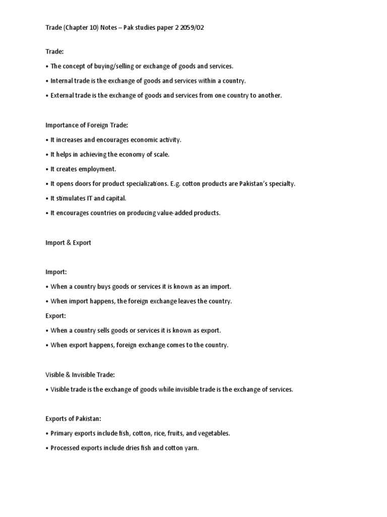 Trade Chapter 10 Notes Pak Studies 2059 Paper 2 | PDF | Pakistan ...