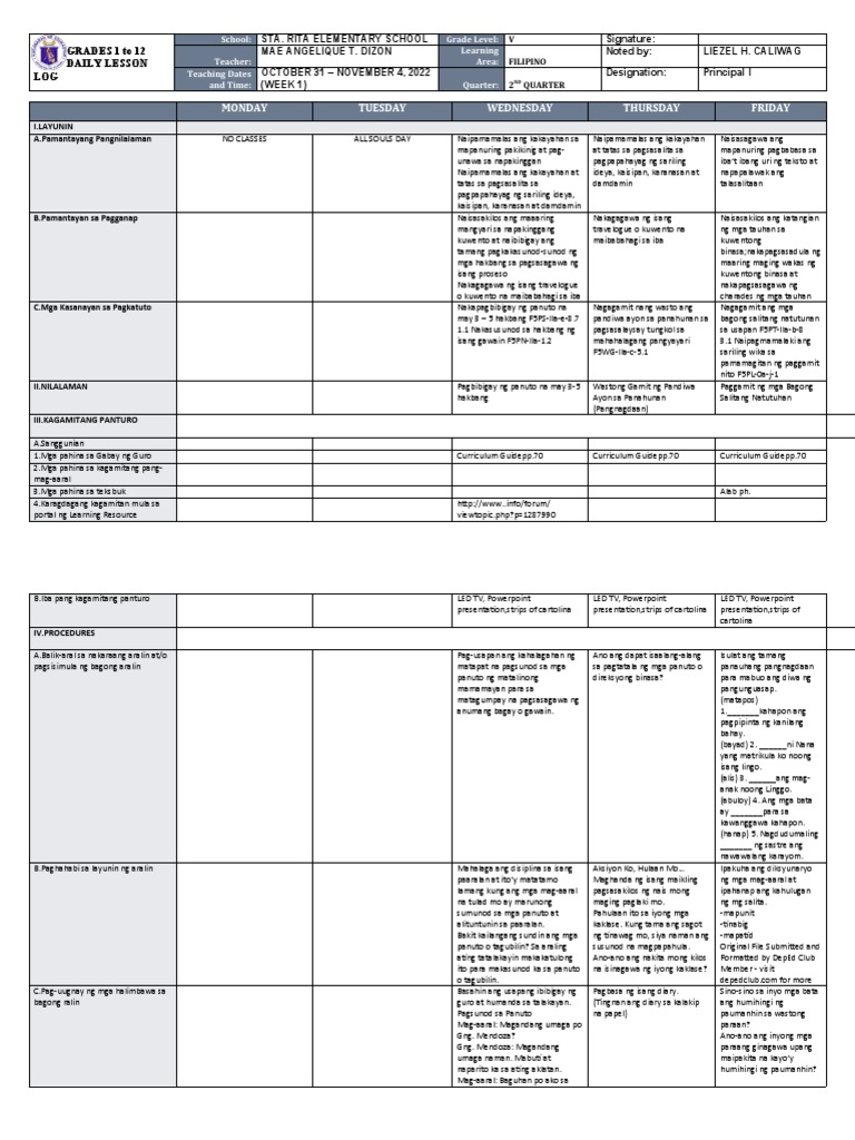 DLL - Filipino 5 - Q2 - W1 | PDF