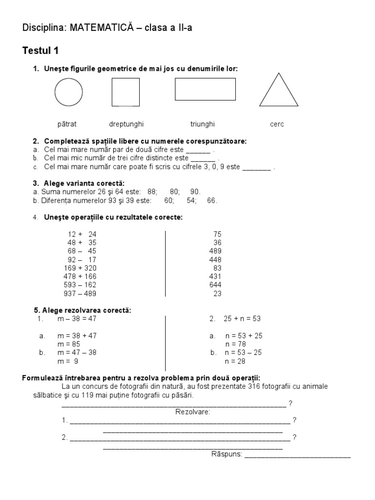 Test Mate Clasa Ii Pentru Culegere