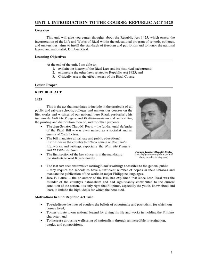 UNIT I - Lesson 1 R.A. 1425 | PDF | Government | Philippines