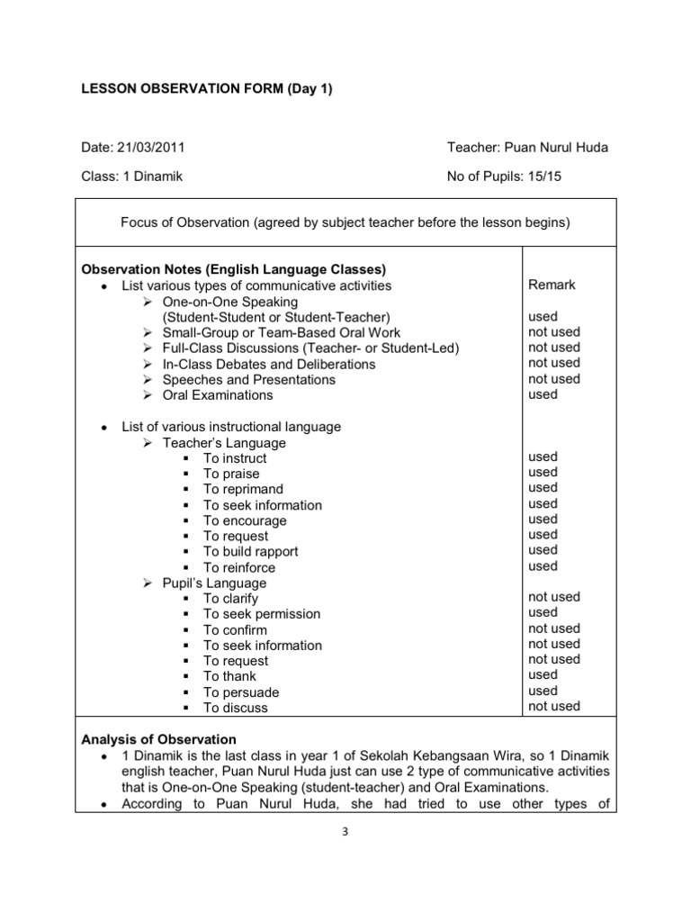 Lesson Observation Form | Classroom Management | Teachers