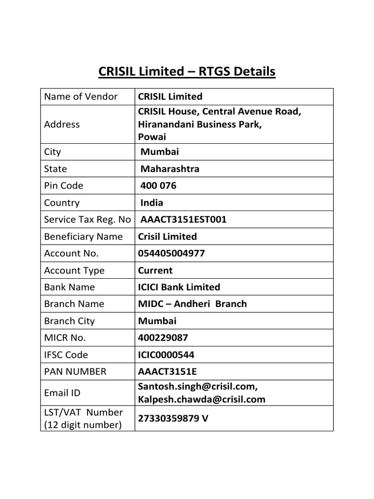 CRISIL Limited RTGS Details PDF