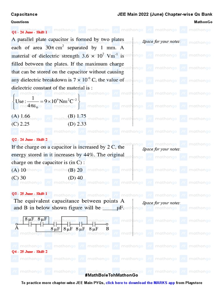 Capacitance JEE Main 2022 Chapter Wise Questions PDF