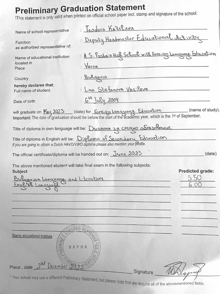 Preliminary Graduation Statement Pdf