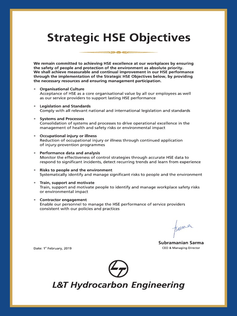 Strategic Hse Objectives Lthe Policy 2019 | PDF