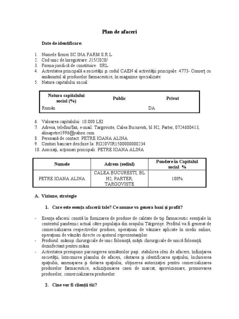 Plan De Afaceri Completat Pdf