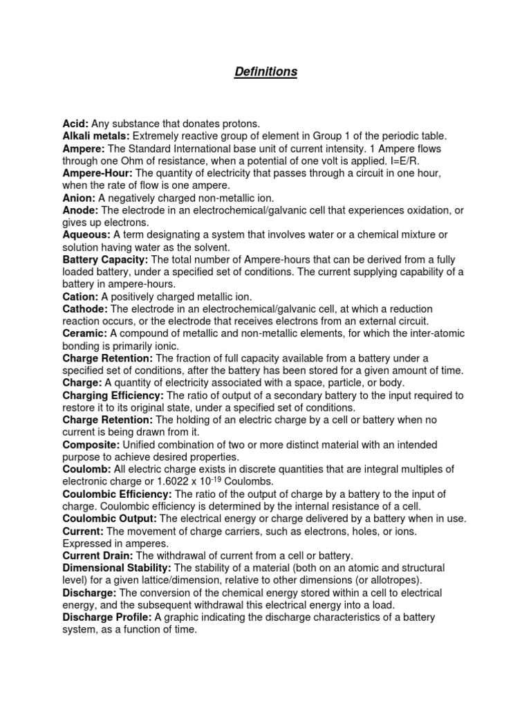 Definitions of Key Electrochemical and Battery Terminology PDF Ion