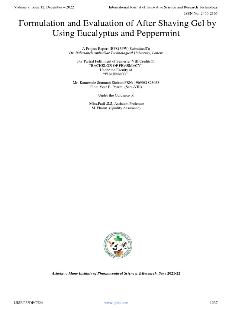 Formulation and Evaluation of After Shaving Gel by Using Eucalyptus and