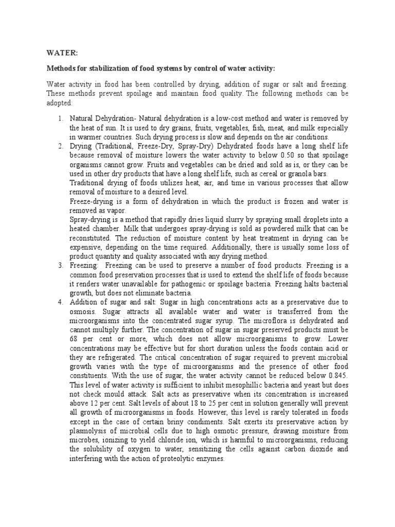 Water Methods For Stabilization of Food Systems by Control of Water