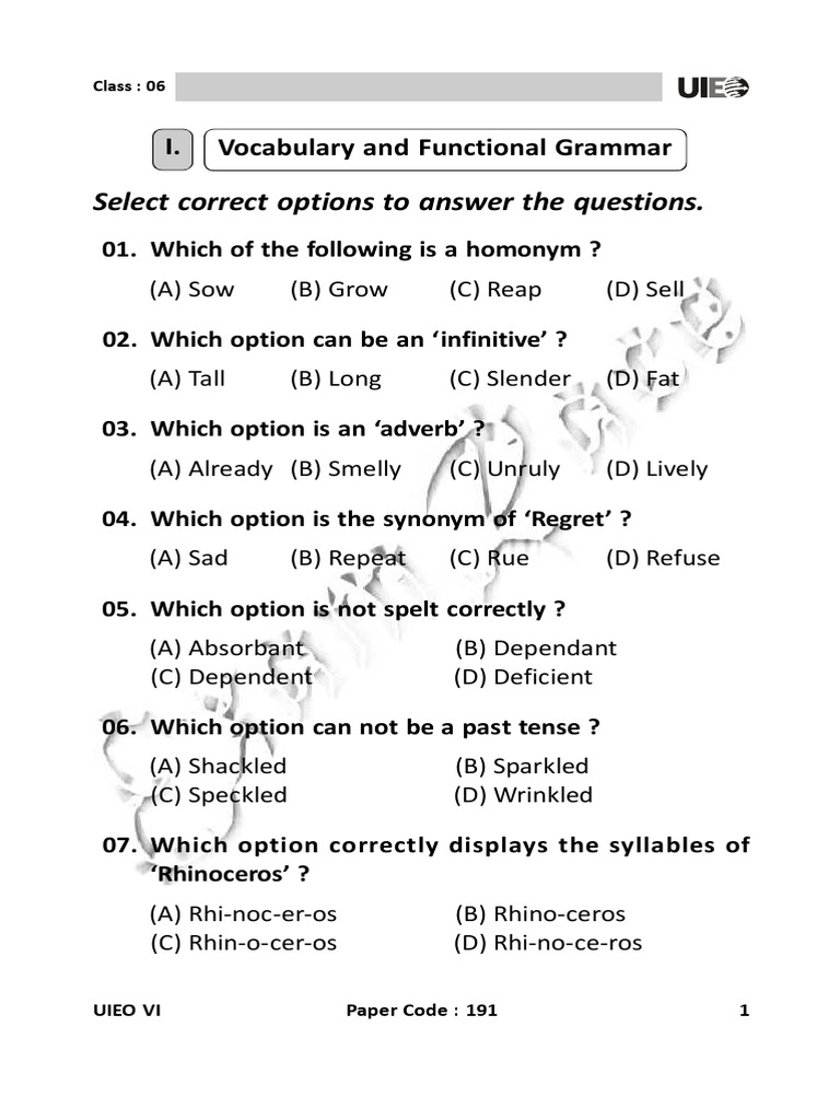 UIEO Class 6 Paper 2020 PDF Adverb English Language