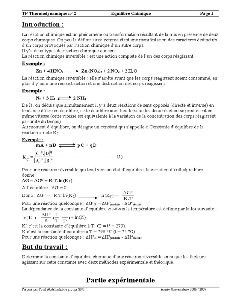 Constante d'Équilibre Chimique K | PDF | Équilibre chimique | Enthalpie ...