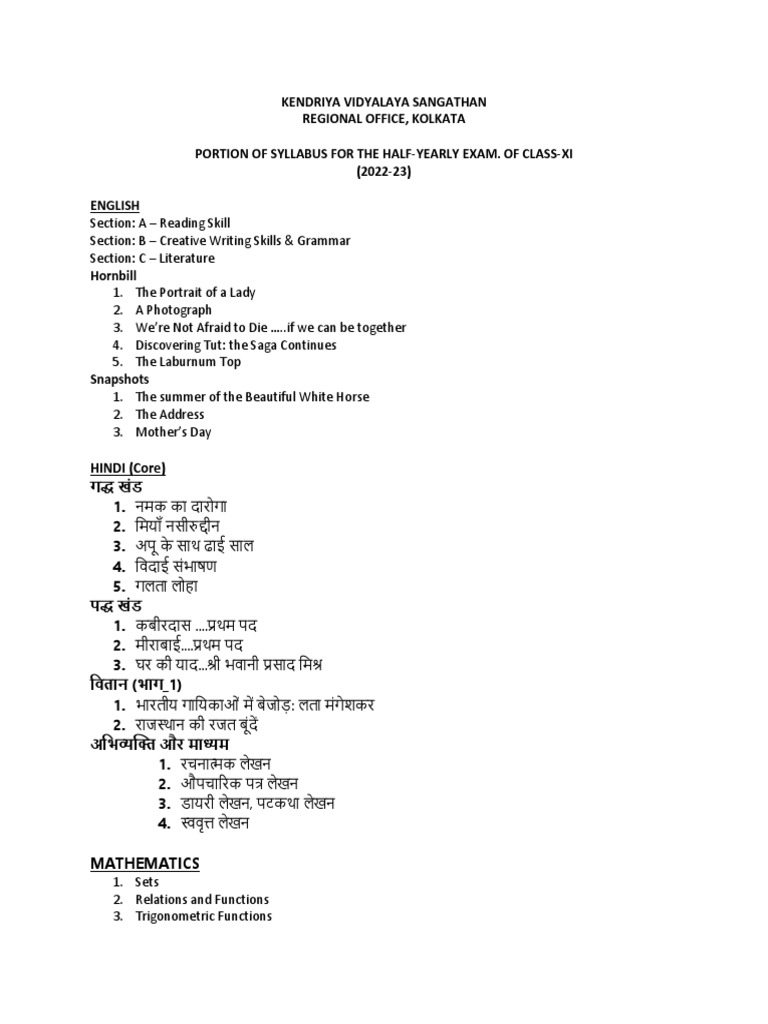 Syllabus for HalfYearly Examination of Class XI Students for the