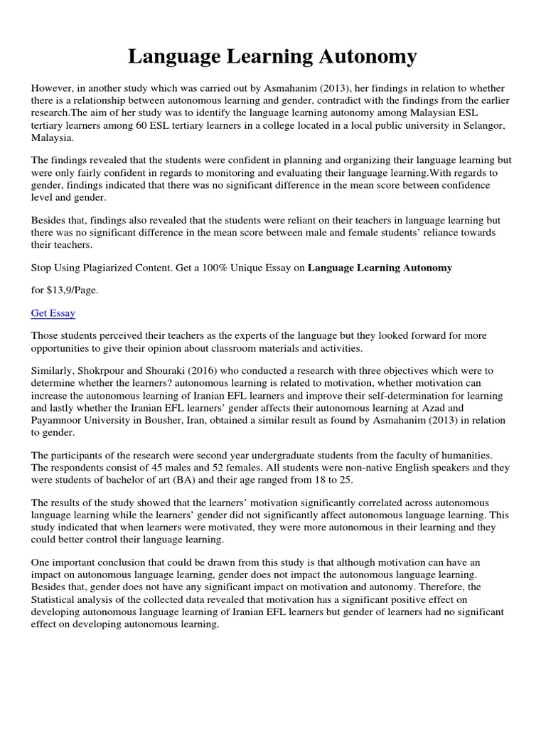 Language Learning Autonomy PDF English As A Second Or Foreign