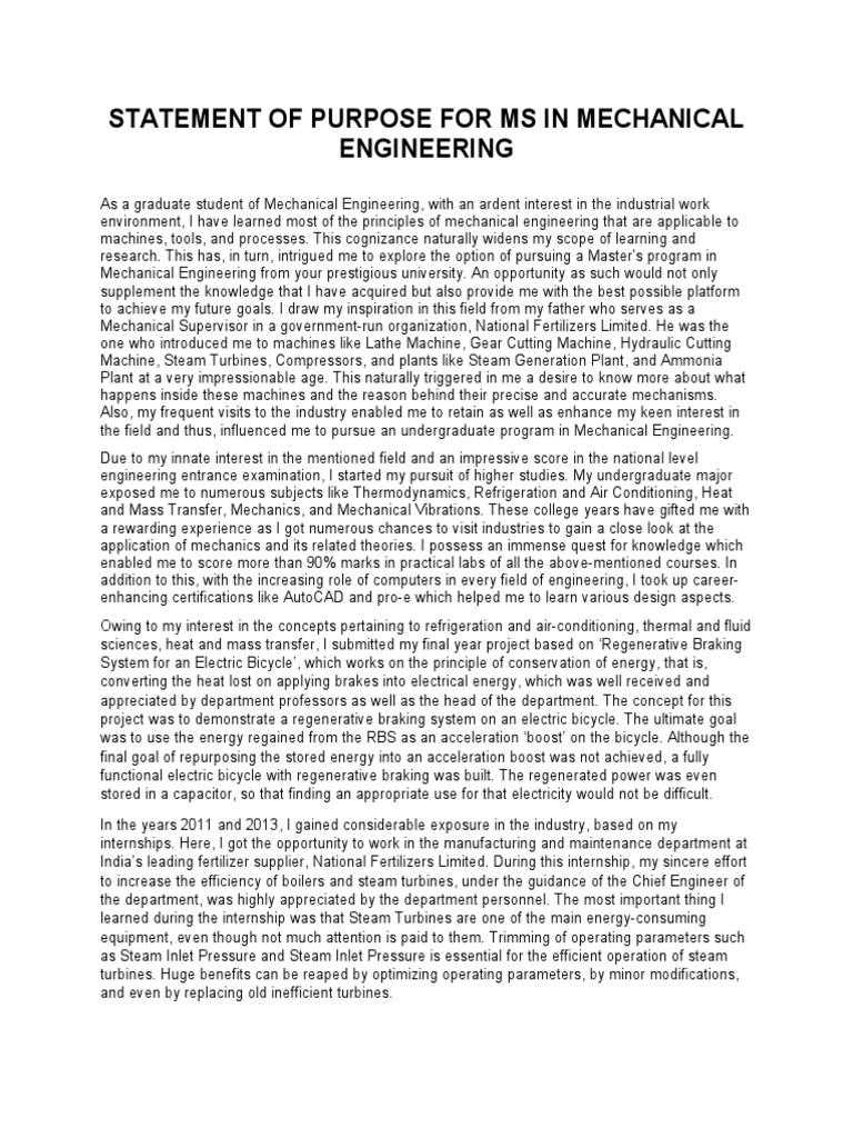 Statement of Purpose For Ms in Mechanical Engineering | PDF ...