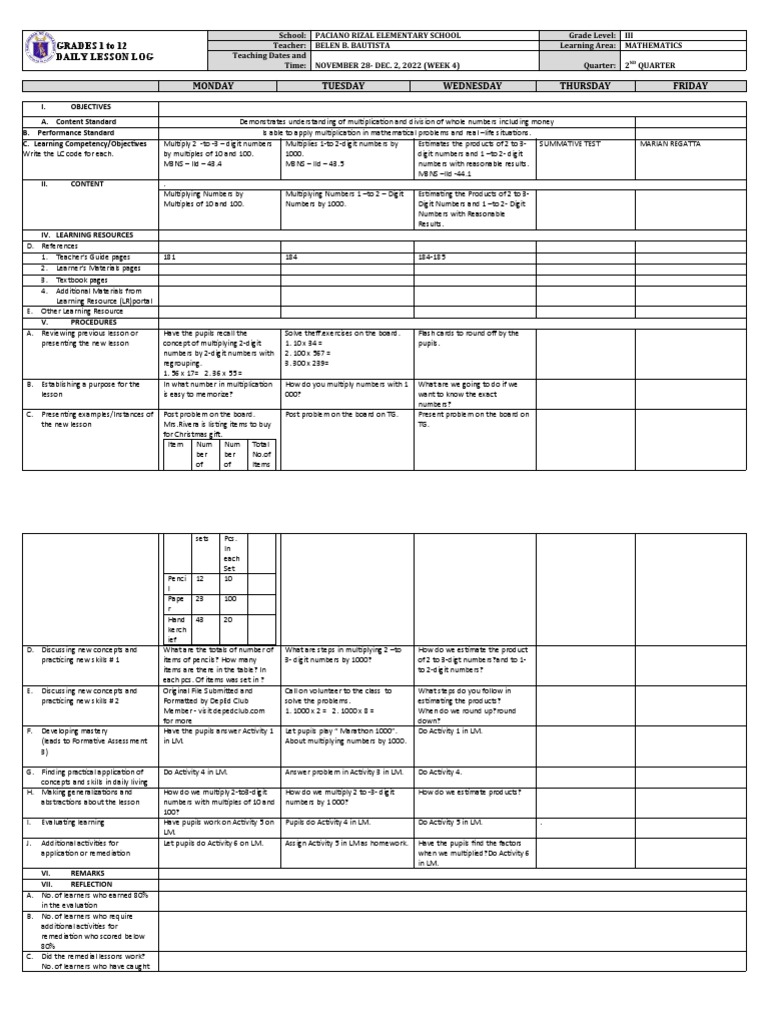 Grade 3 Math DLL Week 4 Q2 | PDF | Learning | Teachers