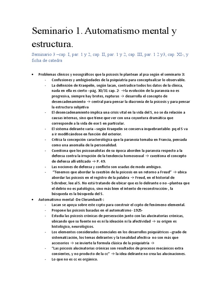 Psicosis: Automatismo Mental y Mecanismos | PDF | Jacques Lacan | Psicosis
