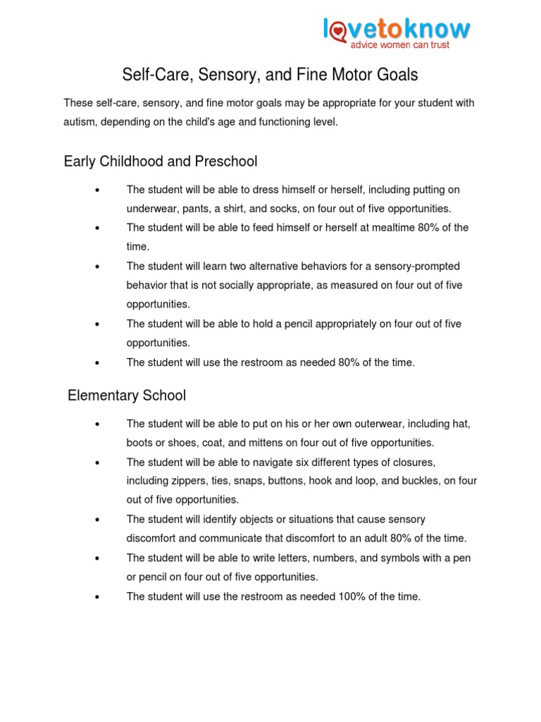 474 Self Care Sensory and Fine Motor Goals PDF