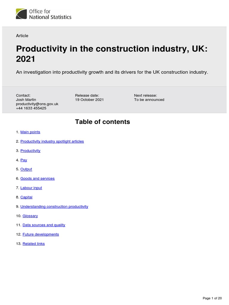 Productivity in The Construction Industry, UK 2021 PDF Economic