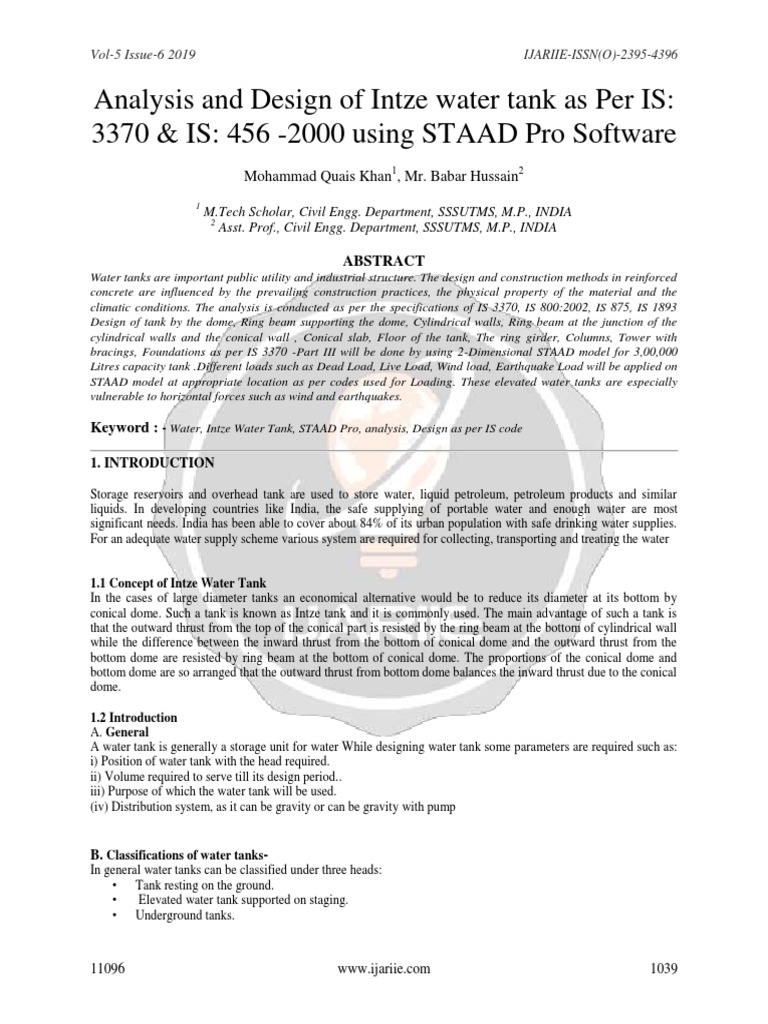 Analysis and Design of Intze Water Tank As Per Is 3370 Is 456 2000