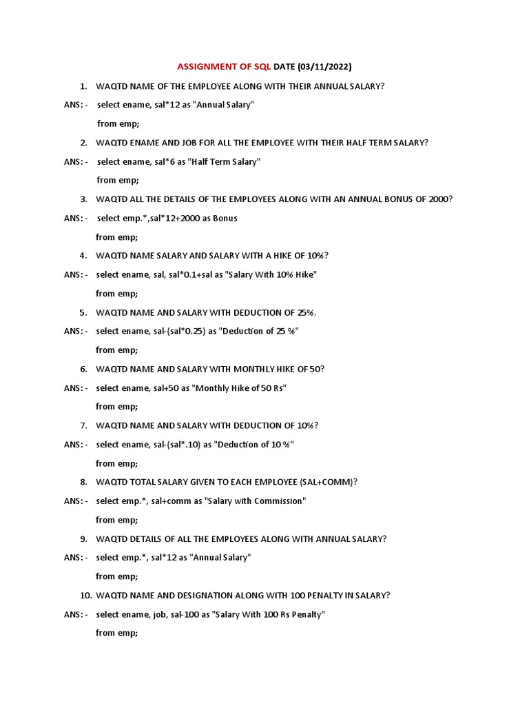 Assignment of SQL | PDF | Salary | Human Resource Management