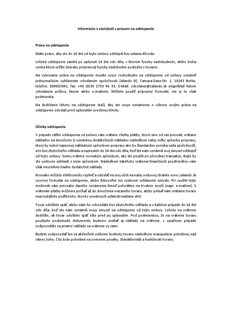 Zalando - Informacia V Suvislosti S Pravom Na Odstupenie | PDF