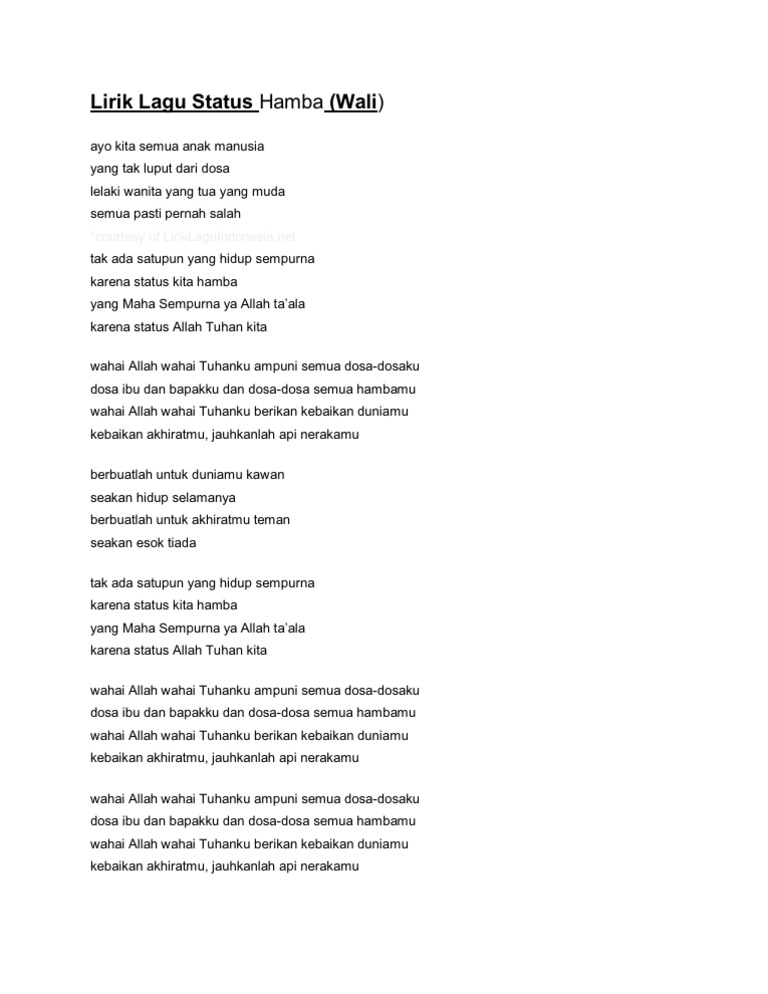 Lirik Lagu Wali Status Hamba Lyrics