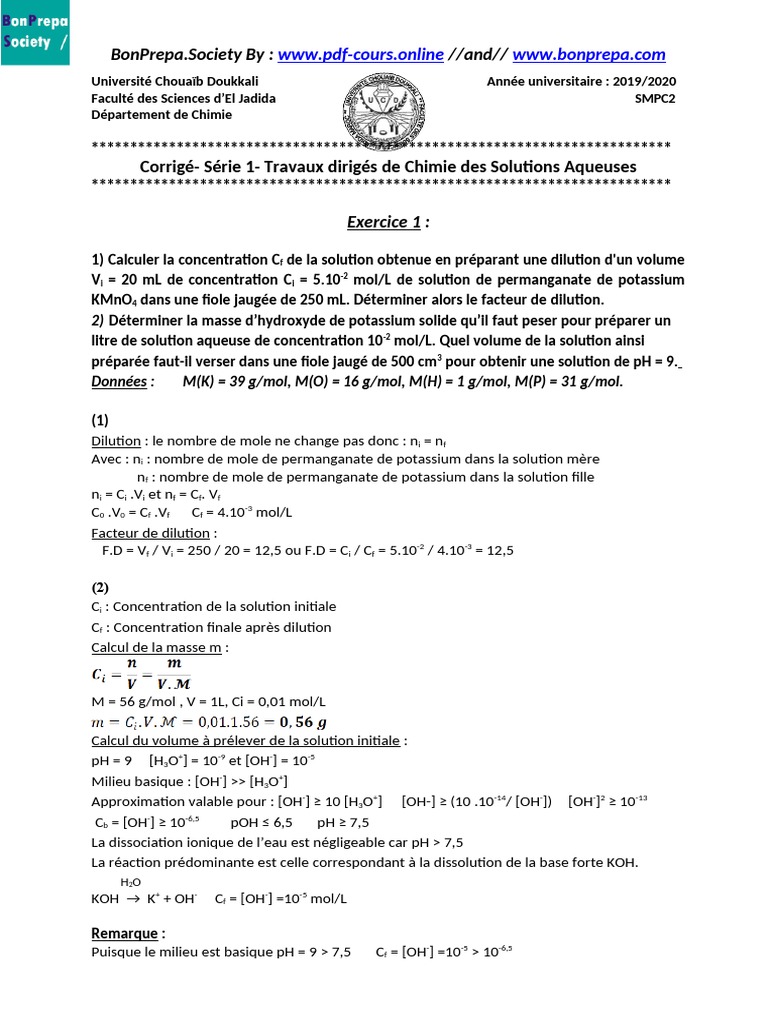Corrigé de Chimie des Solutions Aqueuses | PDF | Ph | Ion