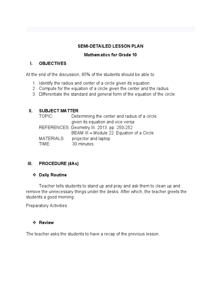Circle Equation Lesson Plan for Grade 10 | PDF | Circle | Equations