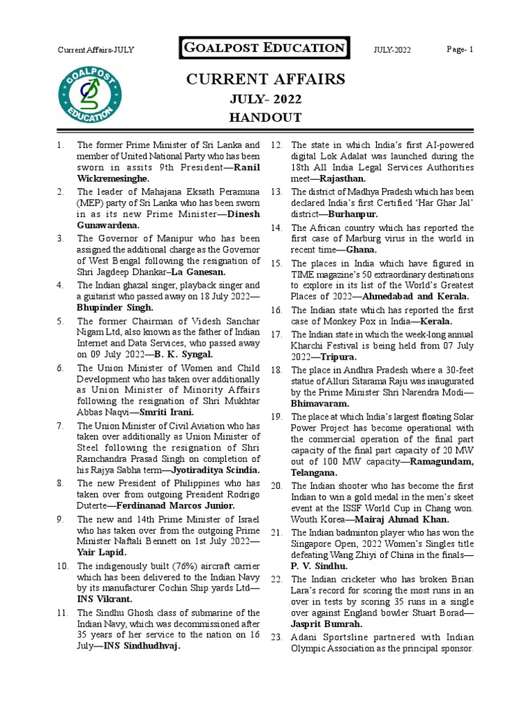 Current Affairs July 2022 PDF