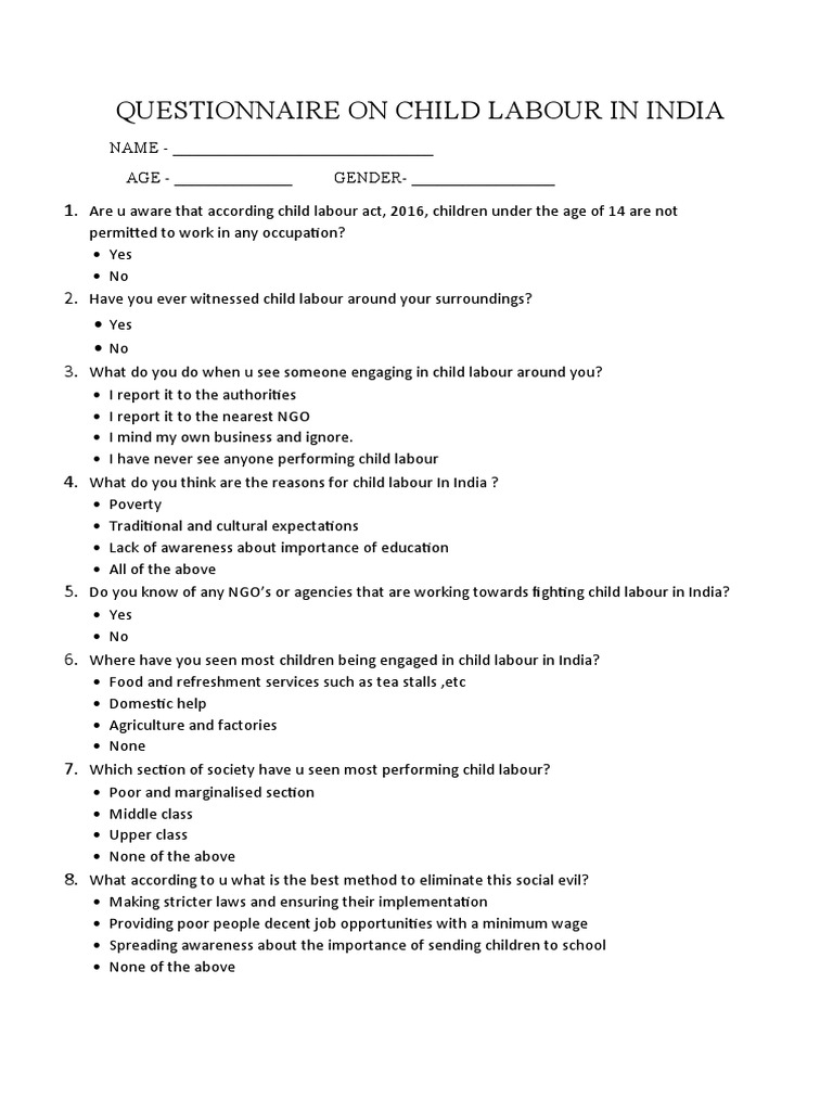 Questionnaire On Child Labour in India PDF