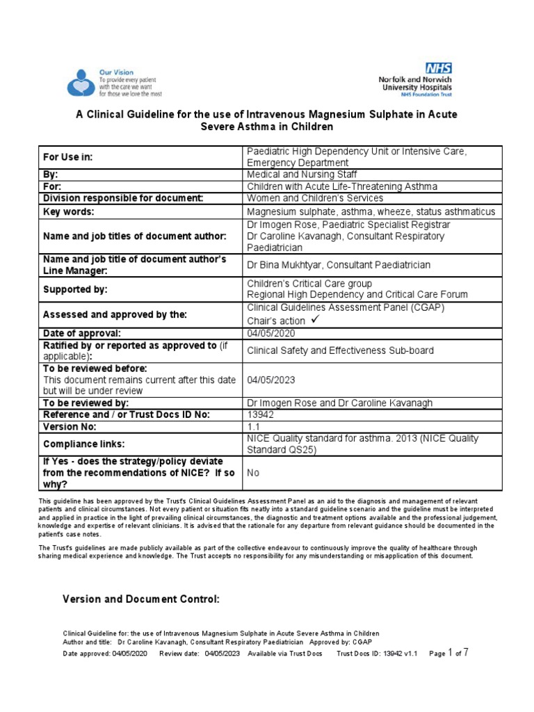 Magnesium Sulphate for Severe Asthma Care | PDF | Asthma | Intravenous ...