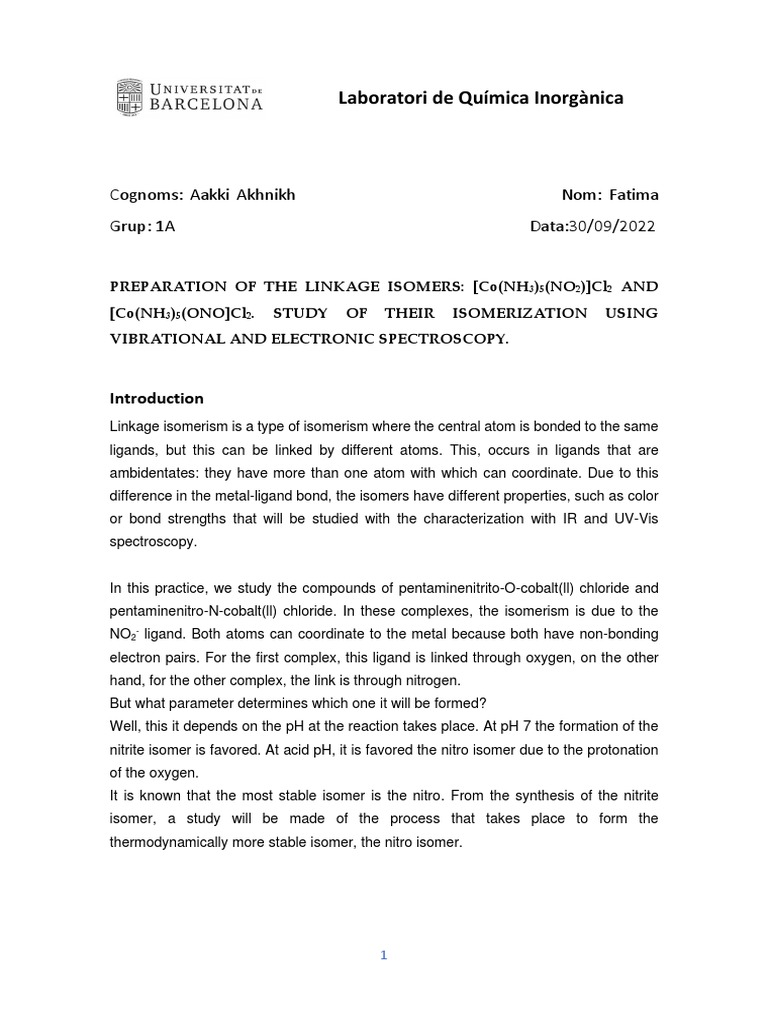 Practica 1 | PDF | Coordination Complex | Ultraviolet–Visible Spectroscopy