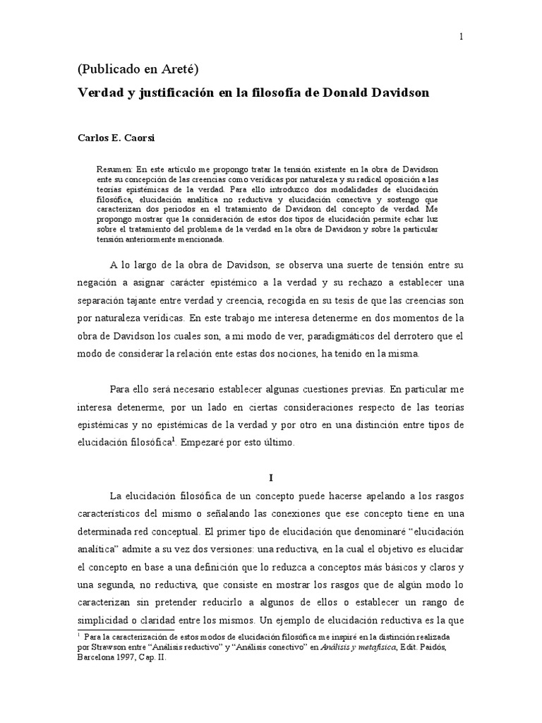 Verdad y Justificación en La Filosofía de Donald Davidson PDF