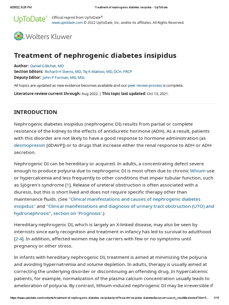 Treatment of Nephrogenic Diabetes Insipidus UpToDate PDF Medical Specialties Clinical