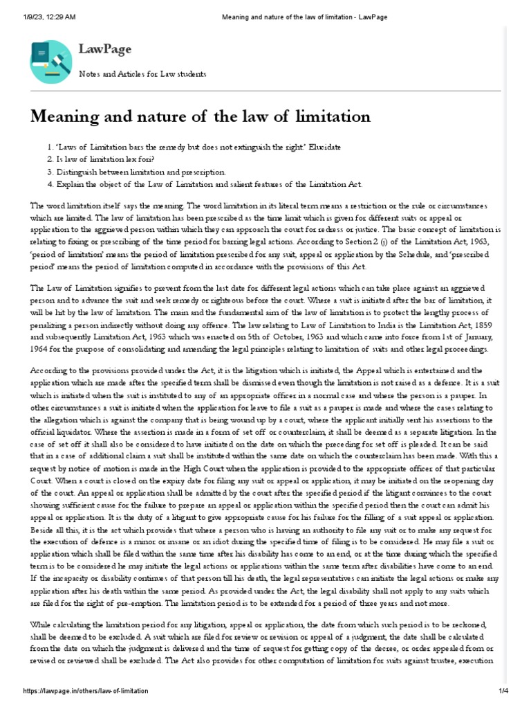 Meaning and Nature of The Law of Limitation LawPage PDF Lawsuit