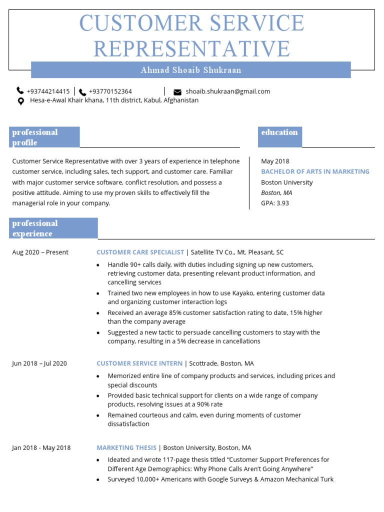 Customer Service Representative Resume Example Template | PDF
