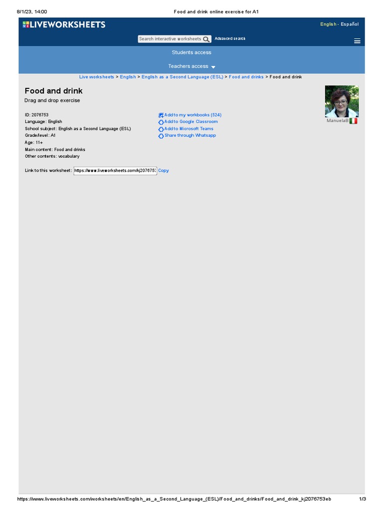 Food and Drink Online Exercise For A1 | PDF
