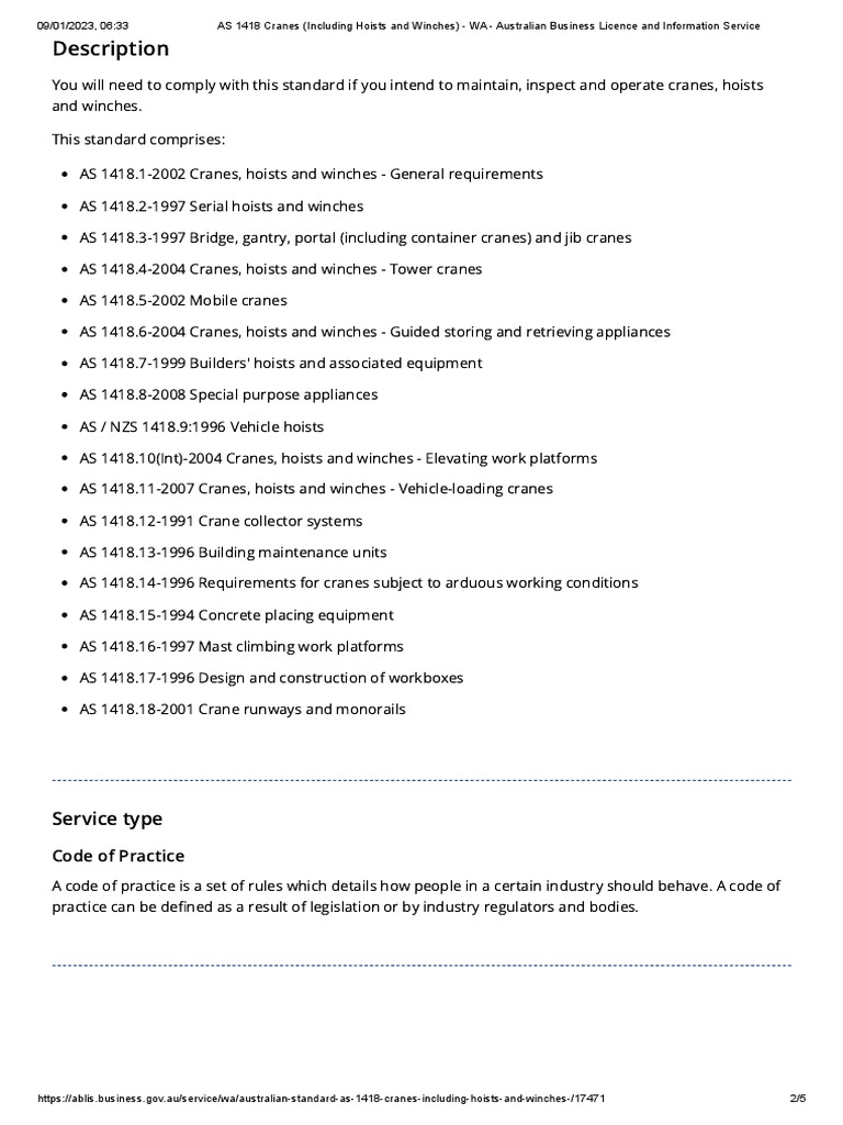 As 1418 Cranes (Including Hoists and Winches) Summary 1page PDF
