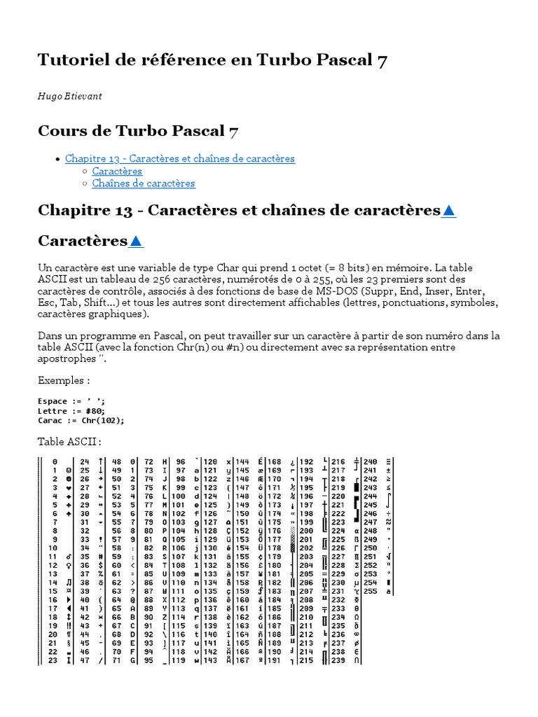 Caractères et chaînes en Turbo Pascal | PDF | Chaîne de caractères | ASCII