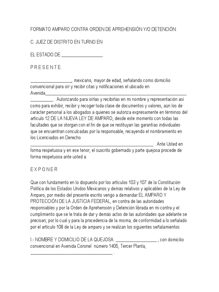 Formato de Amparo contra Orden de Aprehensión | PDF | Violación ...