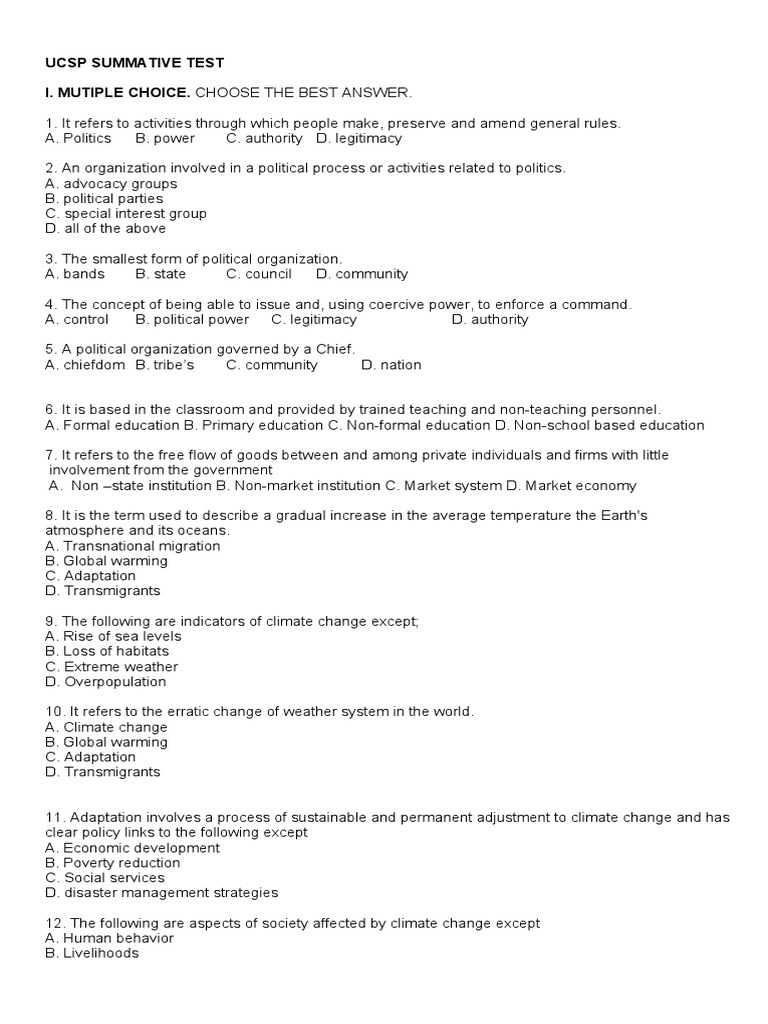Ucsp Summative Test 2 | PDF | Human Migration | Climate Change