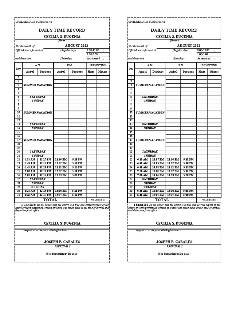 Daily Time Record for Cecilia S. Dugenia Documenting Hours Worked and