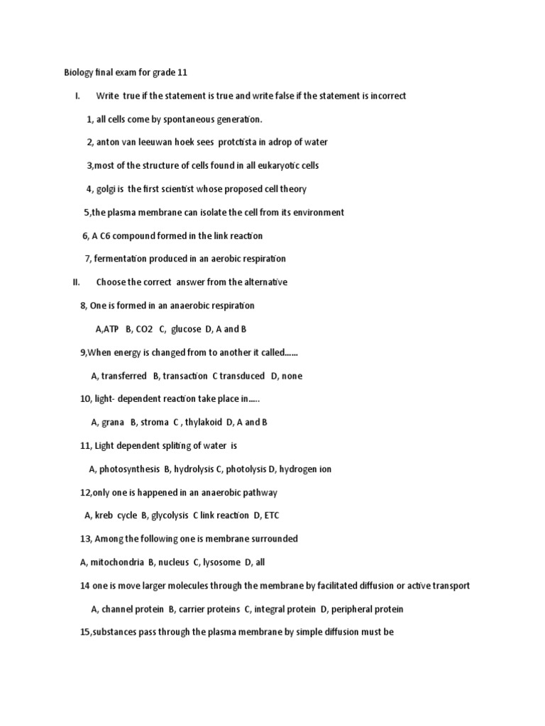 Grade 11 Biology Final Exam Questions | PDF | Science & Mathematics
