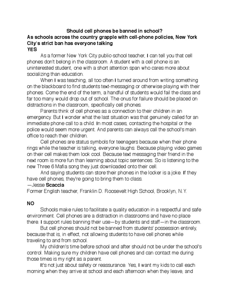 Cell Phones Should Be Banned In School Persuasive Essay
