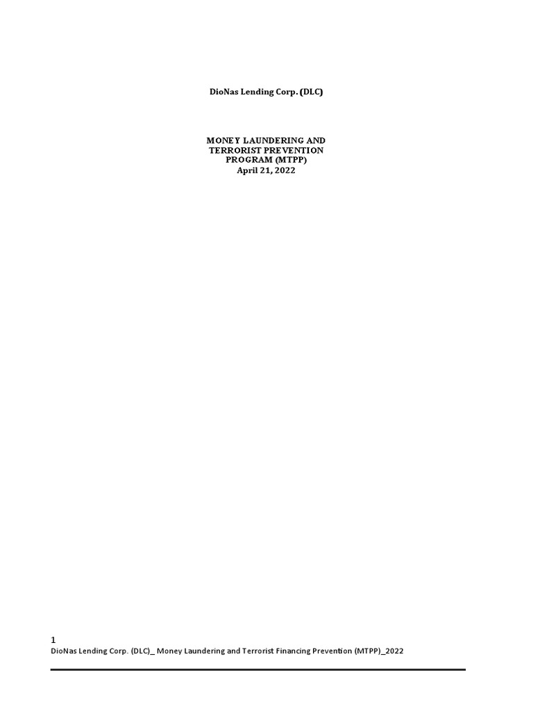DioNas Lending Corp. MTPP Manual | PDF | Money Laundering | Terrorism ...